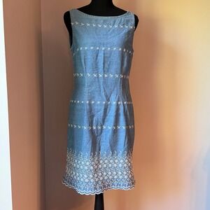 Vintage Express‎ Denim Embroidered Dress Womens 9/10 Blue Sleeveless Y2K Cottage